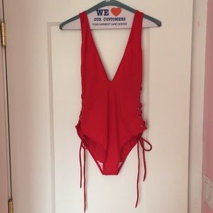 Deep-V Lace Up-Side One Piece Swimsuit